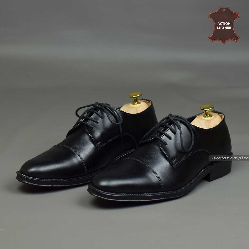 Sepatu Pantofel Kerja Pria Formal Tali Model Captoe Derby Shoes Bahan Kulit Hitam Bisa Untuk Pesta