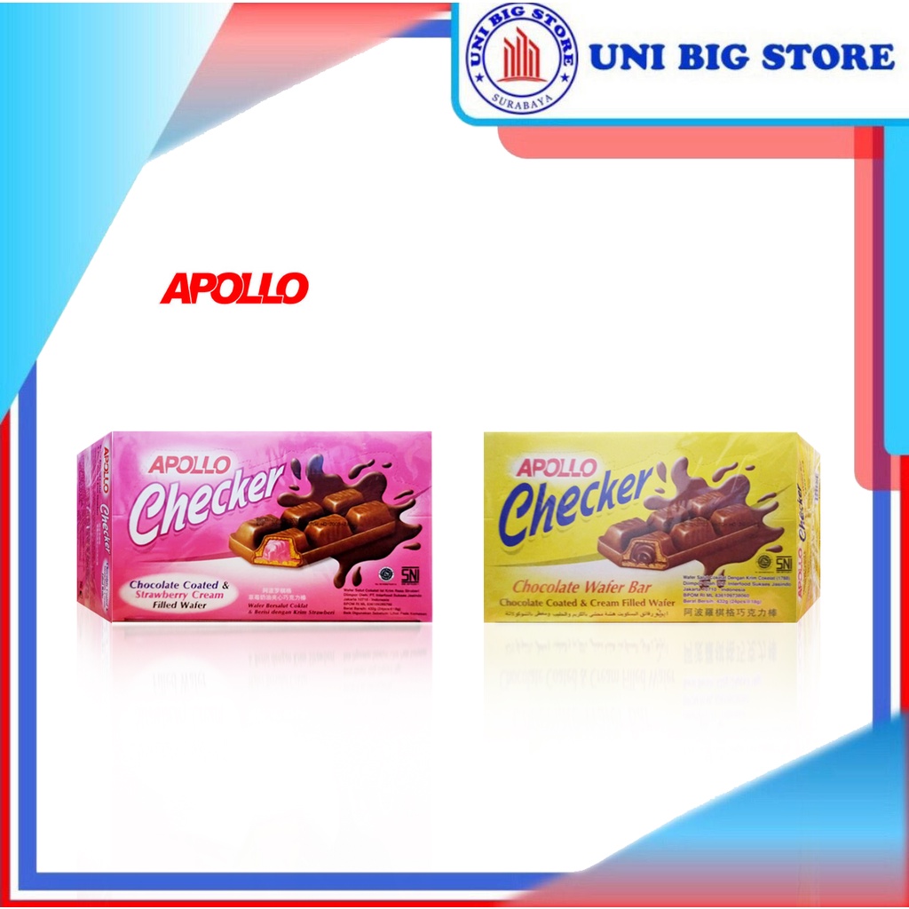 Apollo Checker Wafer Chocolate - Strawberry 18 g x 24 pc Biscuit Coklat