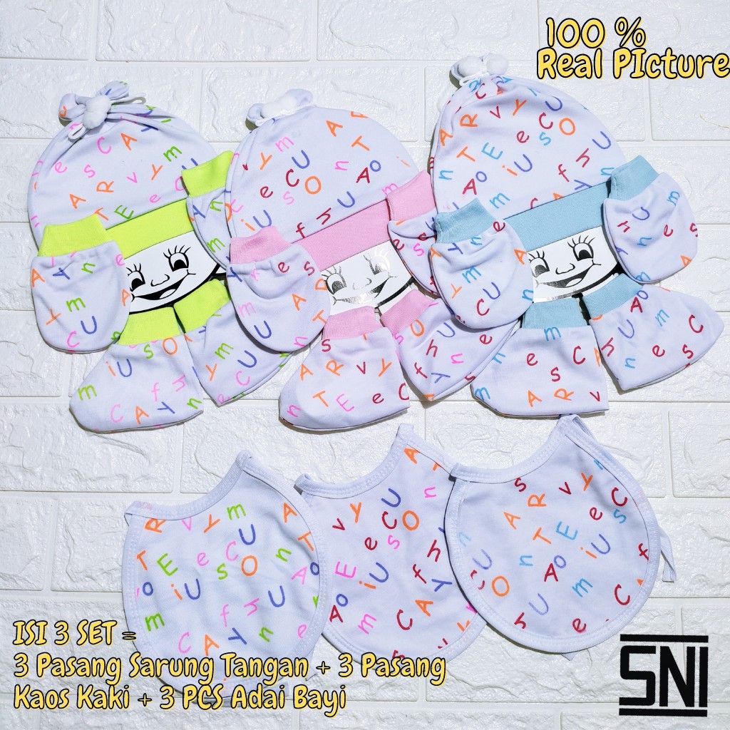 3 Set Kupluk Topi Bayi Bayi Baru Lahir /3 Pasang Sarung Tangan / 3 Pasang Sarung Kaki Komplit Motip Abjad Bayi Baru Lahir / Slaber Adai Bayi ( Kupluk + Kaos Tangan + Kaos Kaki + Slaber ) Meyriana Collection