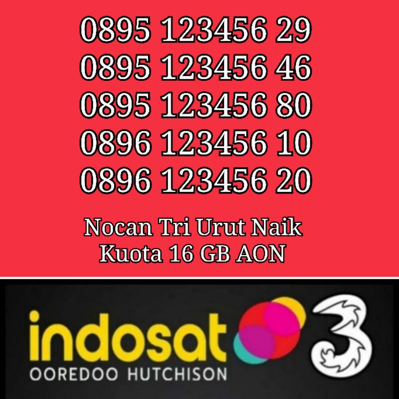Nocan Nomor Cantik Urut Naik Kartu Perdana 3 Tri Three 4G LTE Kuota 18 GB NASIONAL REGULER