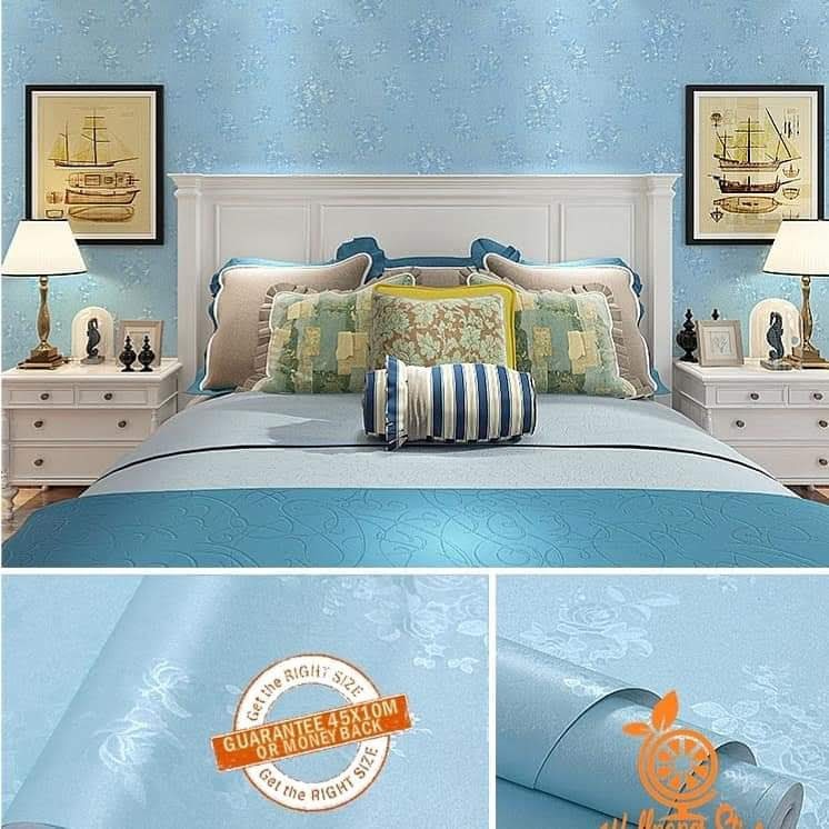 Murah - Wallpaper Sticker Dinding Biru Polos Emboss Bunga Mawar Cantik Minimalis Elegan 10 Meter