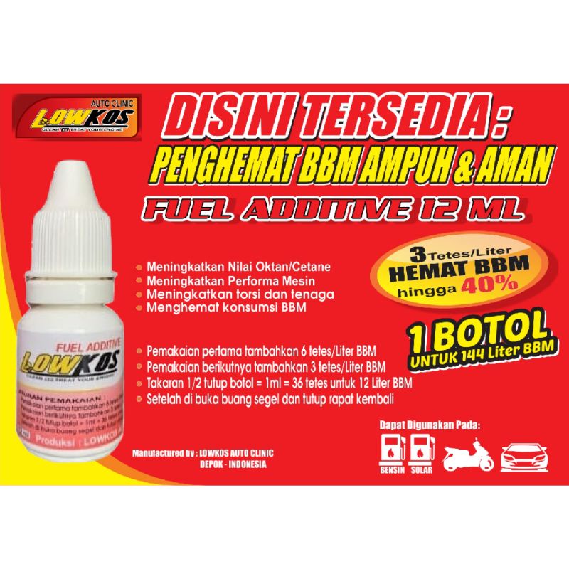 1 DUS LOWKOS FUEL ADDITIVE 12 ML isi 12 botol Penghemat BBM terbaik terbukti ampuh dan aman