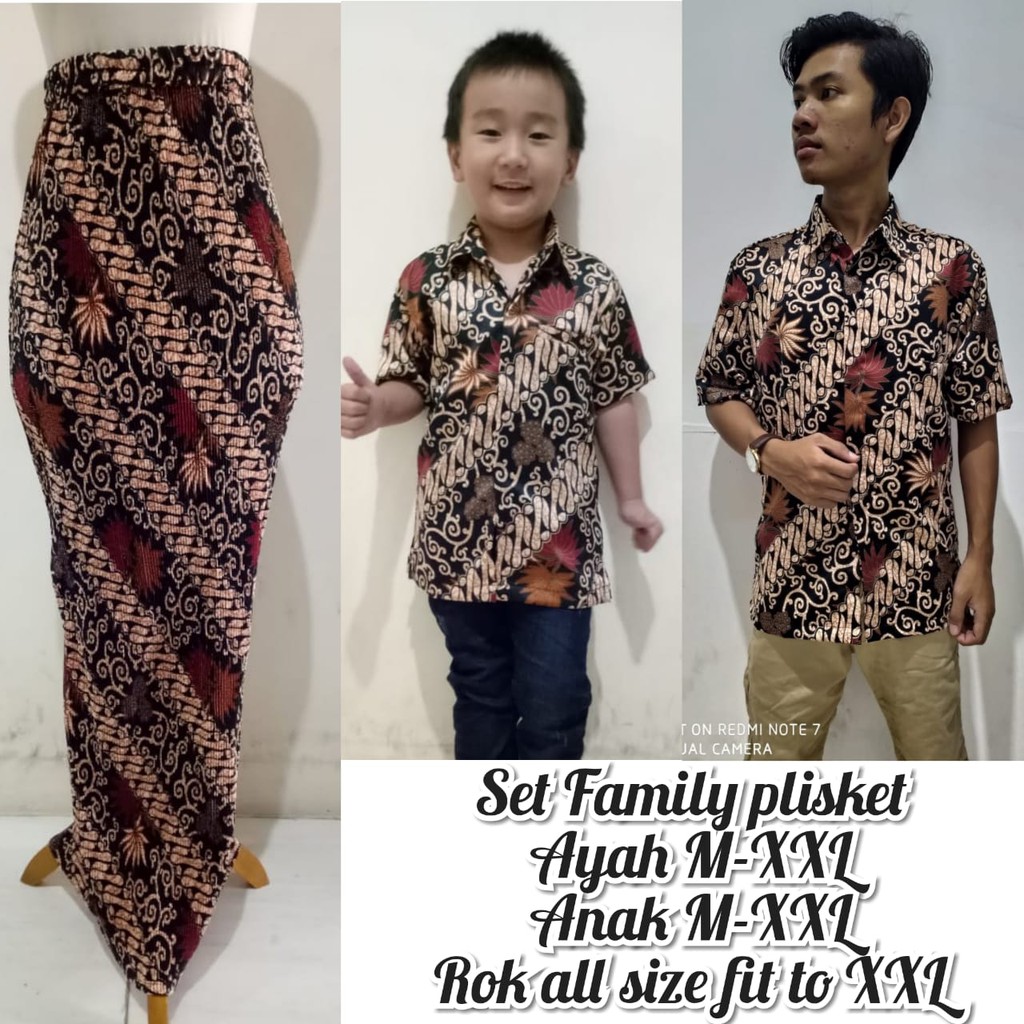 SB Collection Couple Family Nadia Rok Plisket Maxi Jumbo Dan Kemeja Batik Anak Ayah