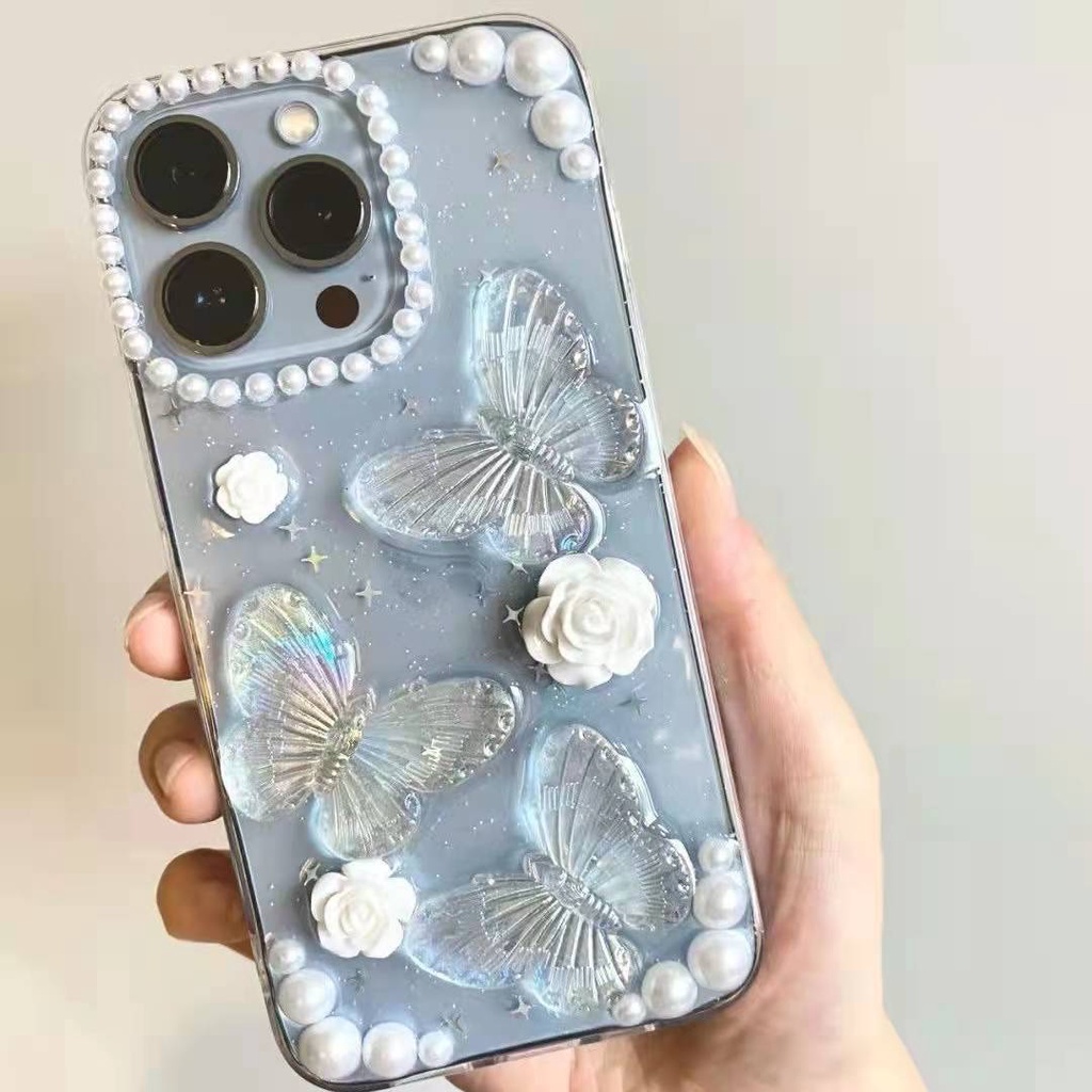 Elira Epoxy Mutiara Bunga Kupu-Kupu Kartun Case Iphone 13 Pro Max12 /11 Pro Max/Mini Xs Max Xr X8 7Plus Epoxy pearl butterfly