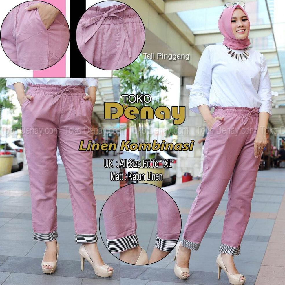 KOMBI LINEN Celana panjang wanita Basic pants premium POLOS KOMBINASI ori by toko denay