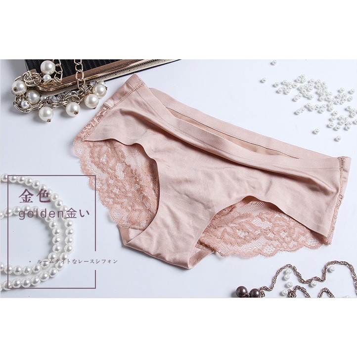 - BISA COD - PREMIUM QUALITY Celana Dalam Wanita Women Panties Renda Lace Sutra Silk Seamless Sexy-Golden