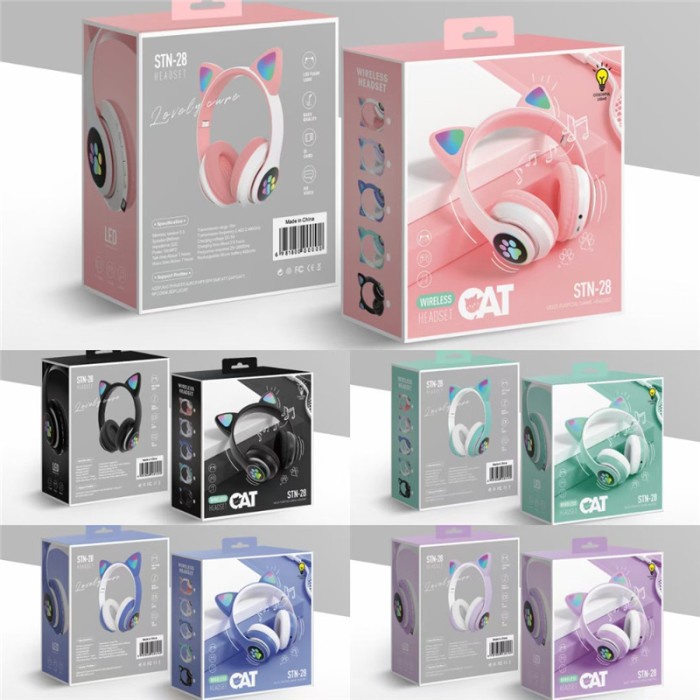 B39 JST28 STN Headset Anak Motif Kuping Kucing Bando Model Telinga / Handphone Bluetooth LED On-Ear Bass