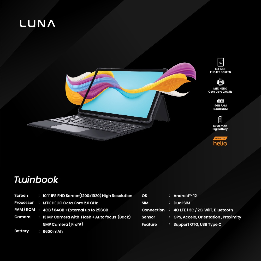 LUNA Twinbook 10.1 Inch, HELIO OCTA CORE,RAM 4/64GB, Android 12 GARANSI RESMI