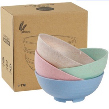 ML4 Mangkuk Plastik Lebar Wheat Straw Bowl Warna Warni Bahan Jerami Mangkok Set Isi 4