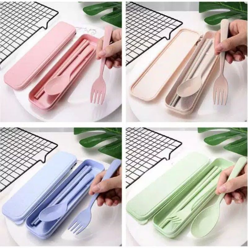 Sendok Jerami Set Garpu Sumpit Set Kotak Alat Makan Travel Portable Set 3in1 K