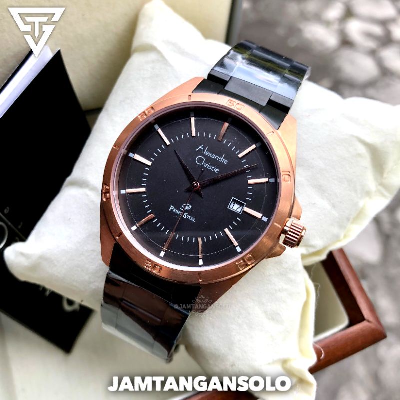 ALEXANDRE AC CHRISTIE ORIGINAL JAM TANGAN PRIA ANALOG TANGGAL STAINLESS STEEL BLACK GOLD FULLSET BOX