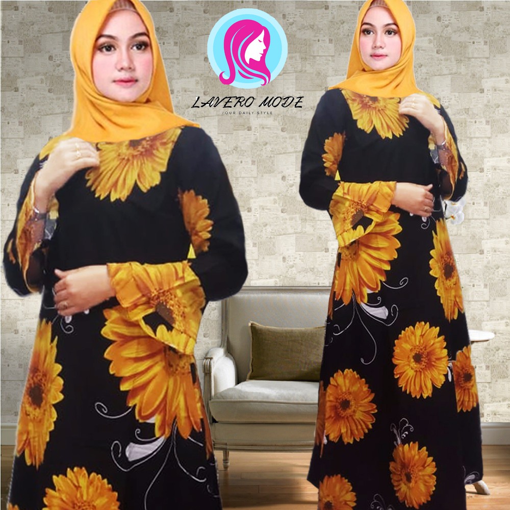 GAMIS KATUN HITAM MOTIF BUNGA MATAHARI KUNING