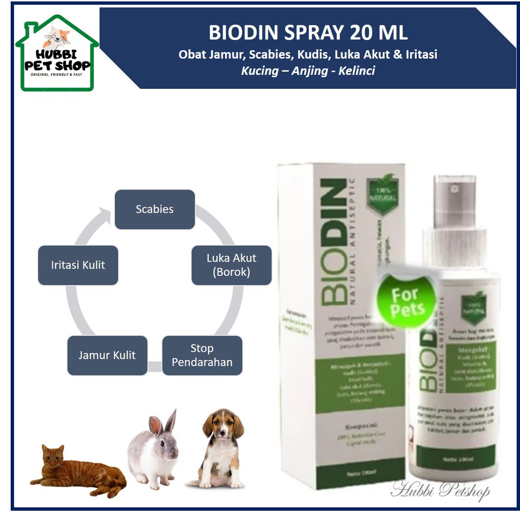 Biodin Spray 20ml - Obat Jamur Scabies Kucing anjing kelinci - natural antiseptic