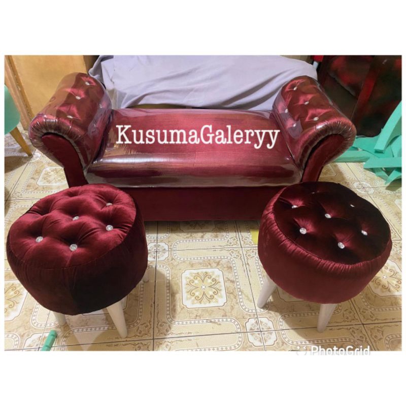 SET SOFA TANPA MEJA / 2 STOOL & SOFA PANJANG KACING TANGAN