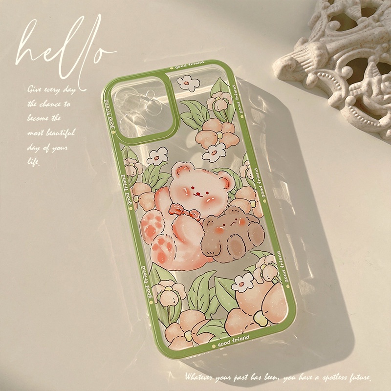 IPHONE Casing Handphone TPU Lembut Motif Beruang Dan Bunga Lucu Untuk Iphone7 8 PLUS X XR Xs11 12 13 14 MINI PRO MAX SE 2020