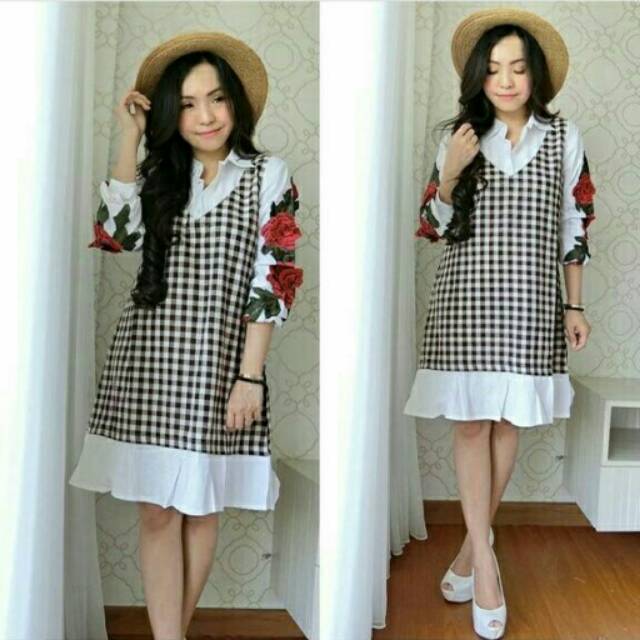 FLOWER MIDI DRESS HITAM CREAM