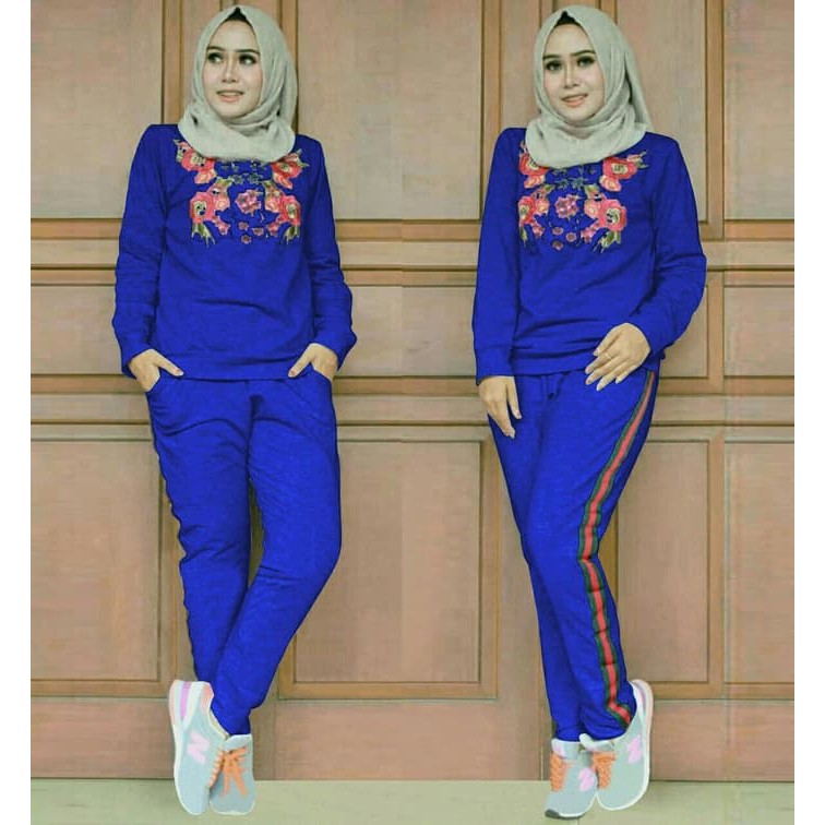 Setelan st set wanita training olahraga sport jumbo big size xl channel guccy flower bahu bolong i.8