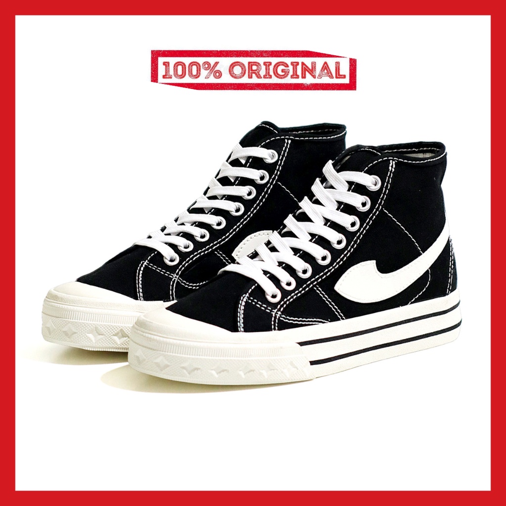 ORIGINAL - Sepatu Brand Lokal Kasual Pria Wanita No Brand Black White Hi Not Sneakers Compass Retrograde Hitam Putih