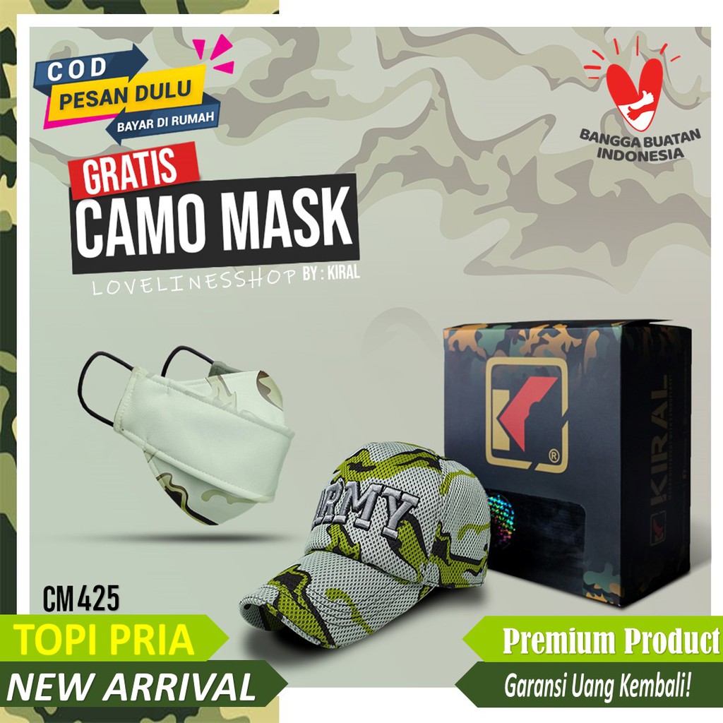 CM425 Topi Baseball Komando Army  Loreng Pria motif Camo untuk TNI berburu dan kamuflase original
