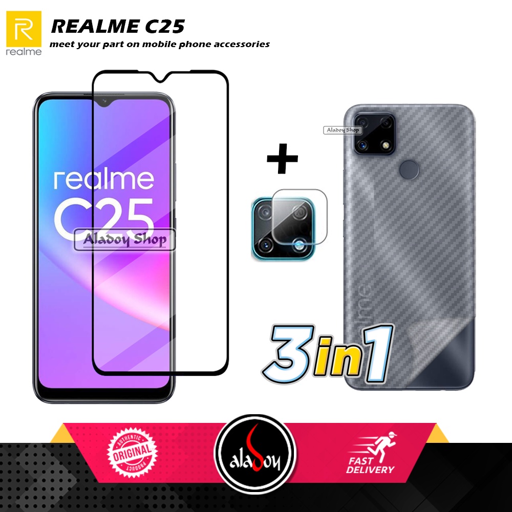 PAKET 3 IN 1 Tempered Glass Layar Realme C25 Free Tempered Glass Camera dan Skin Carbon