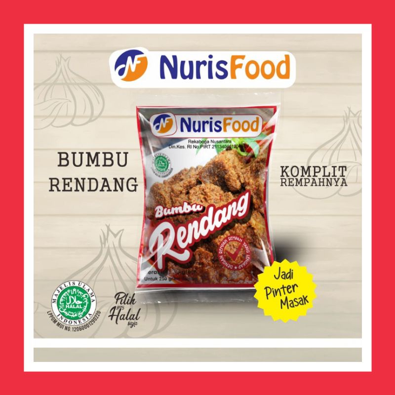 

NurisFood Bumbu Rendang Instan Citarasa Istimewa terbuat dari bahan alami rempah-rempah asli dari tanah air Indonesia seperti bawang merah bawang putih cabai lada jahe lengkuas ketumbar jintan daun jeruk daun salam garam gula dlm kemasan yg bagus & baik