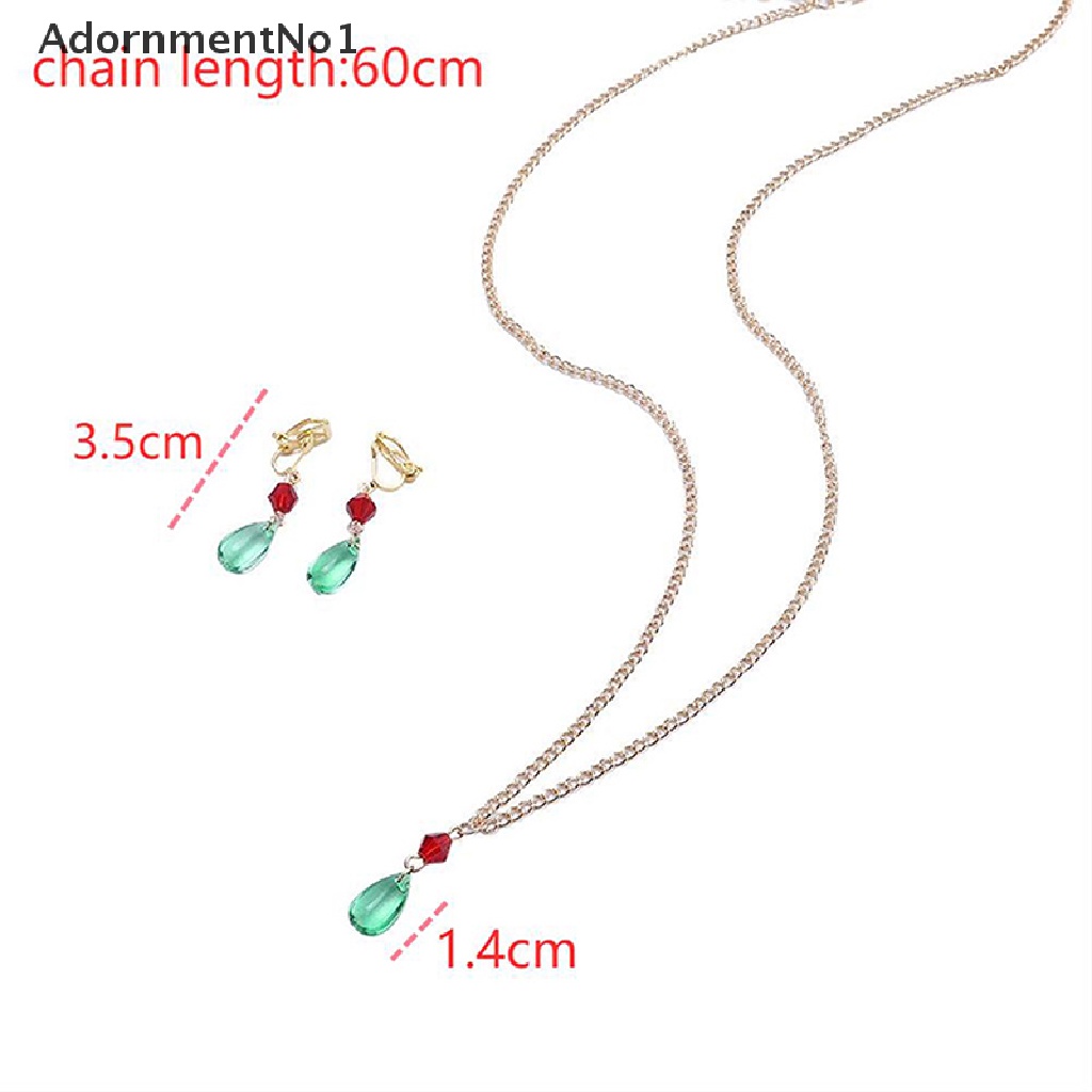 (AdornmentNo1) Kalung + Anting Gantung Panjang Kait Motif Kartun Anime Aksen Kristal Hijau Untuk Wanita