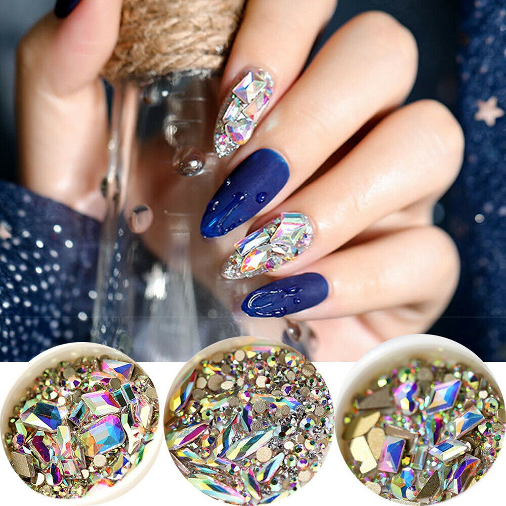 【COD Tangding】1 Box 3D Glitter Rhinestones AB Flat Back Stones Nail Art Decor Gems Mixed Size