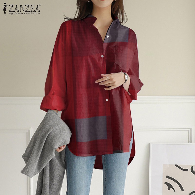 ZANZEA Women Casual Long Sleeve Collared Plaid Buttons Blouse