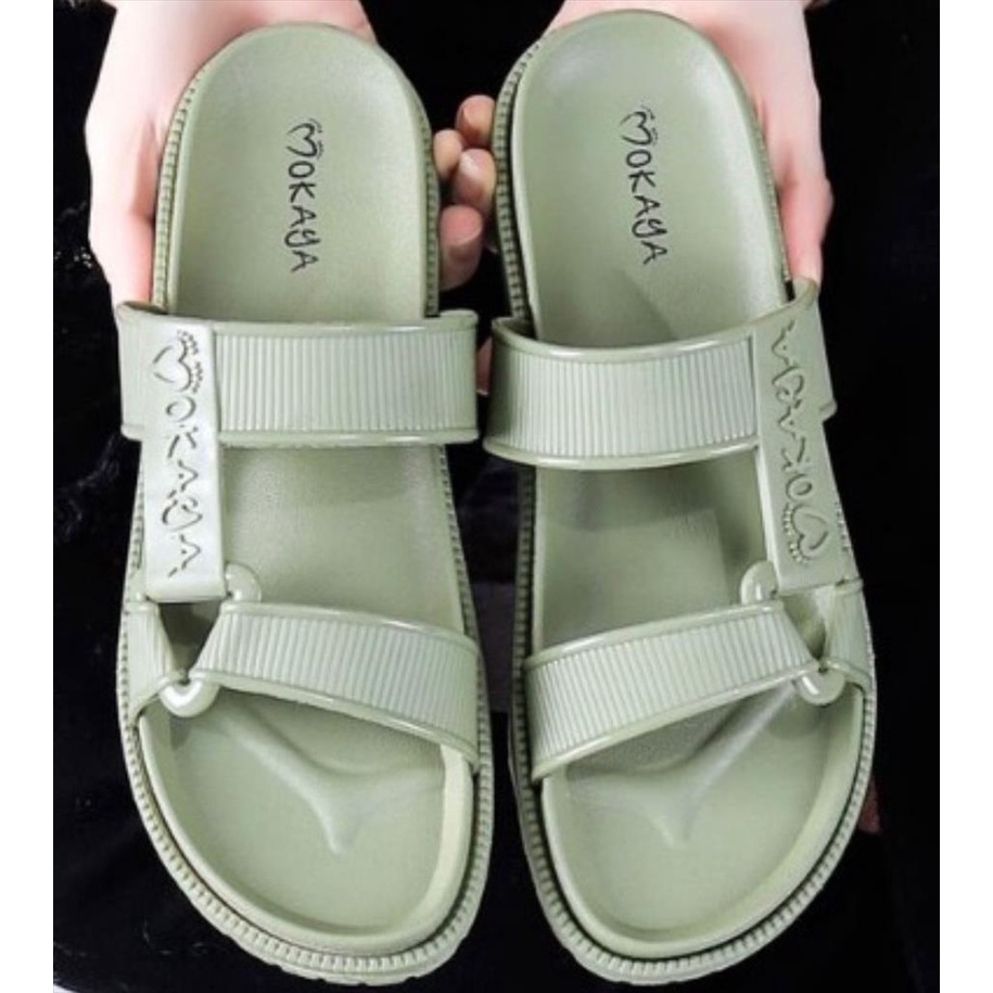 Sandal Slop Jelly Semi Gunung Sama Warna Ban Strip Mokaya Super Keren Cantik Elegant Casual Import Mokaya / Size 36-40 (2029-13/2029-B50)-Hijau