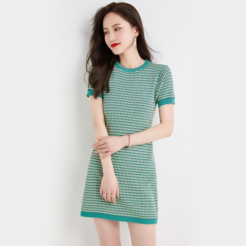 【Elegant】Summer Korean Striped Round Neck Mini Dress 7476