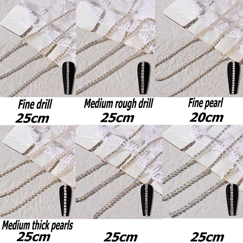 1 Pc Perhiasan Rantai Bor Kristal Berlian Mutiara Bahan Logam Untuk Dekorasi Nail Art Manicure