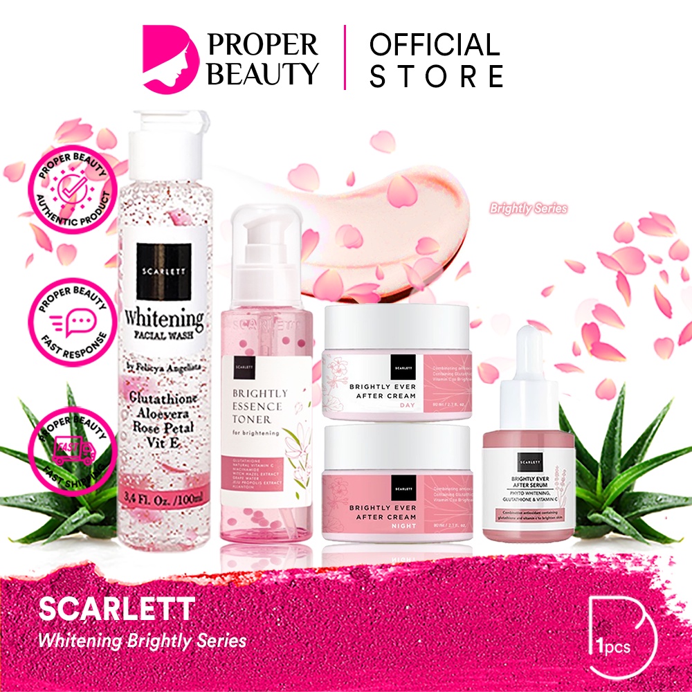 SCARLETT Whitening Brightly Series Indonesia / Brightening Ever After Skincare Mencerahkan Face Care / Cleanser Facial Wash Essence Toner Serum Day Night Eye Cream Moisturizer Sunscreen Mask / Body Shower Scrub Lotion Hair / Paket Acne Age Delay Set Wajah