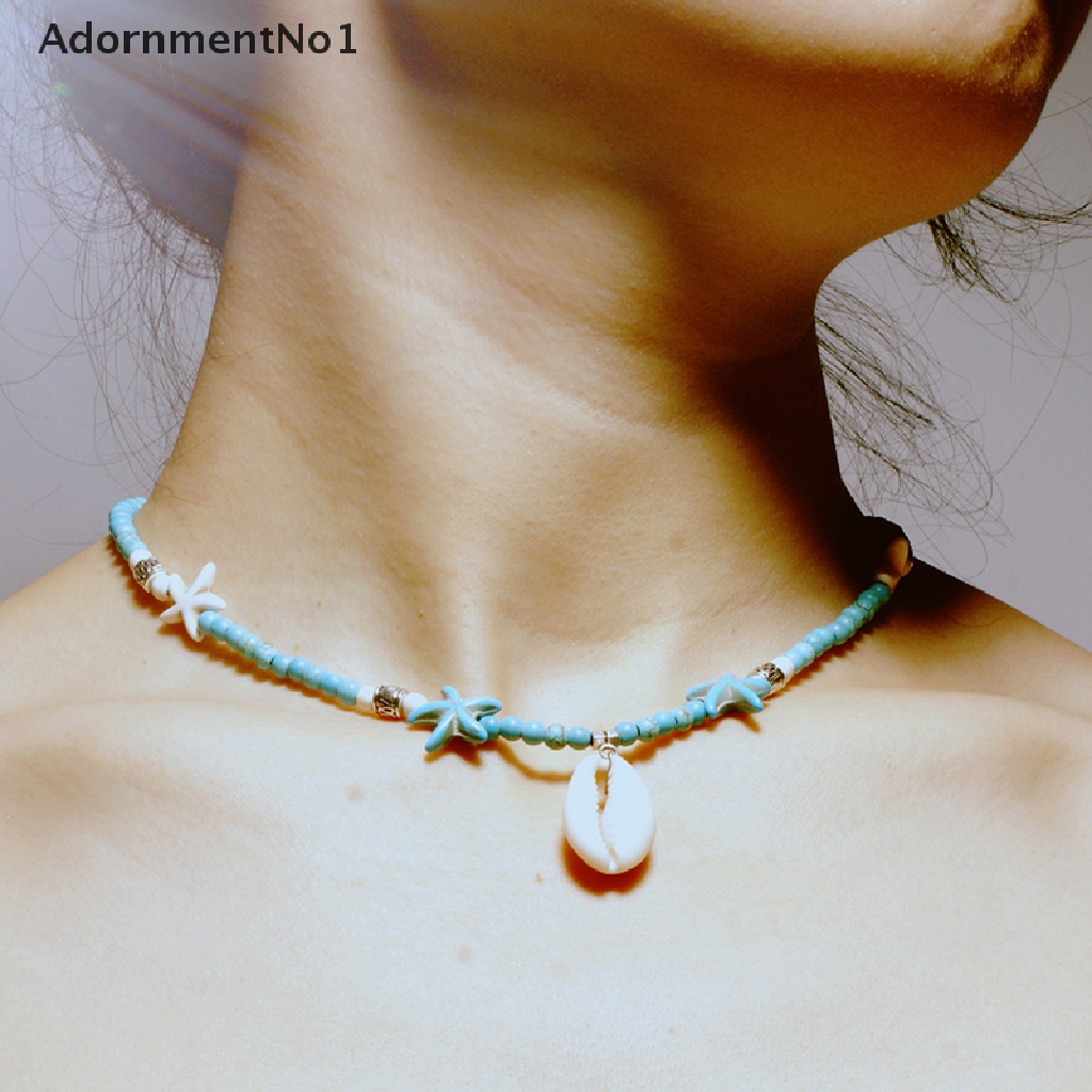 (AdornmentNo1) Kalung Choker Gaya Bohemia Motif Bintang Laut + Kerang + Manik-Manik Turquoise Untuk Wanita / Pantai