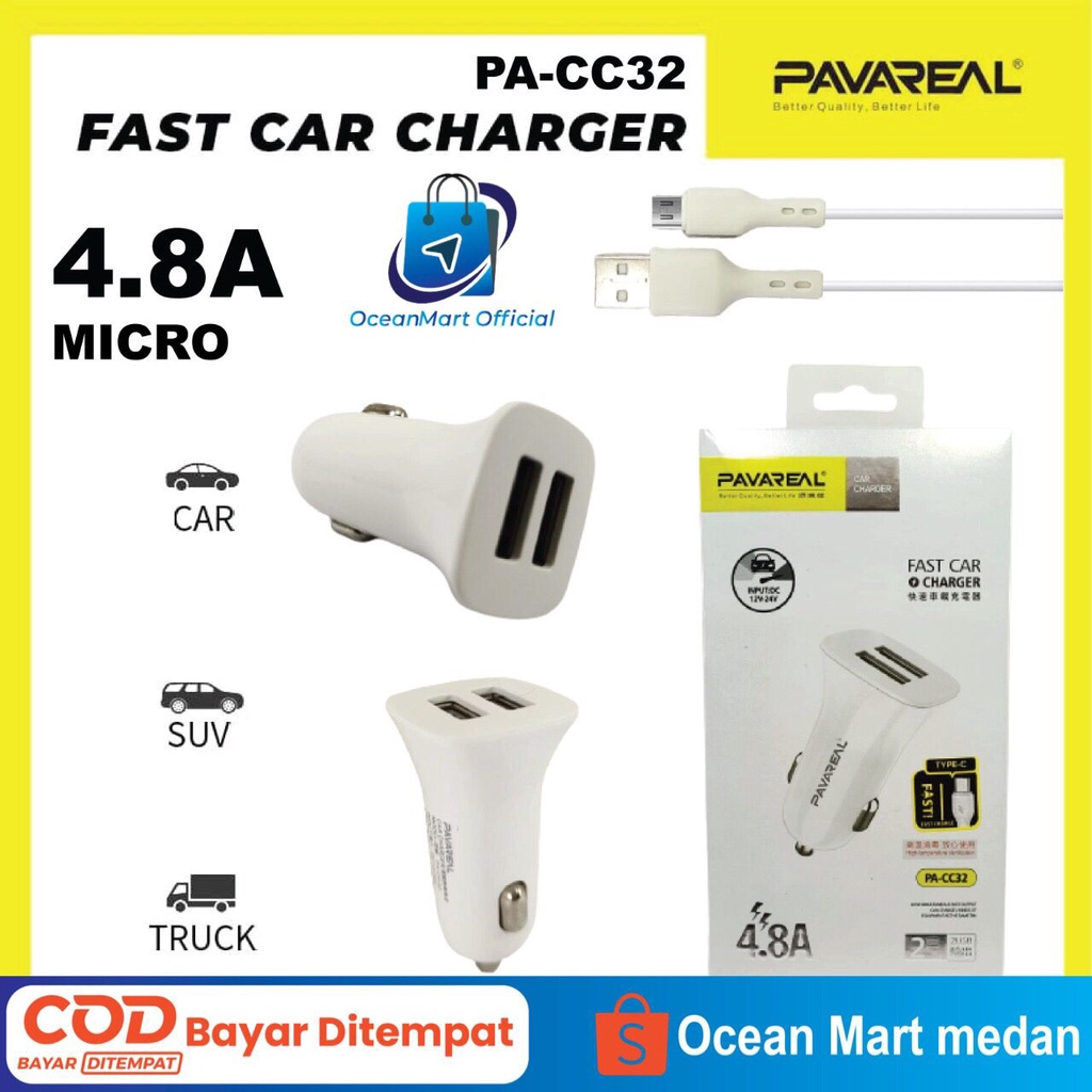 Pavareal Car Charger Mobil PA CC32 USB Lightning Type C Micro 4.8A Kabel Super Fast Charging 2 Port Aksesoris Handphone HP OCEANMART OCEAN MART Murah Grosir