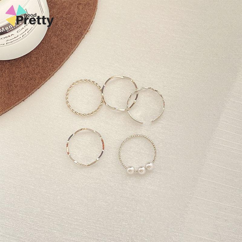 5 pcs Cincin Set Fashion Aksen Berlian Imitasi Mutiara Untuk Wanita - PD