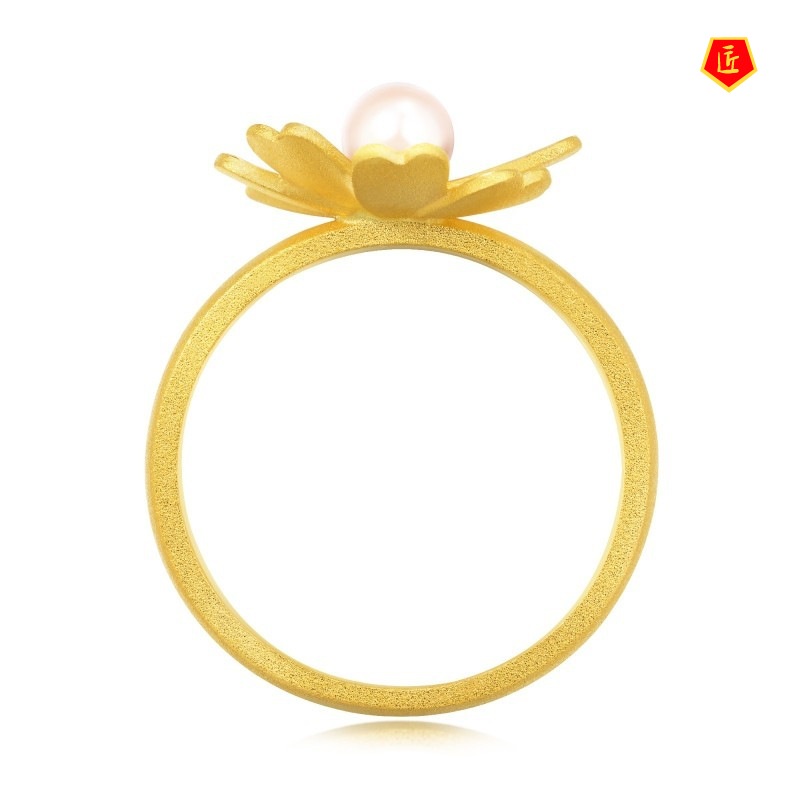 [Ready Stock]3D Gold Galsang Flower Vintage Pearl Ring