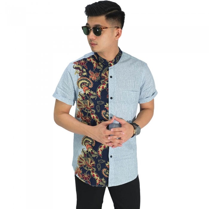 Kemeja Lengan Pendek Pria Grandad Half Batik Combination Biru Muda