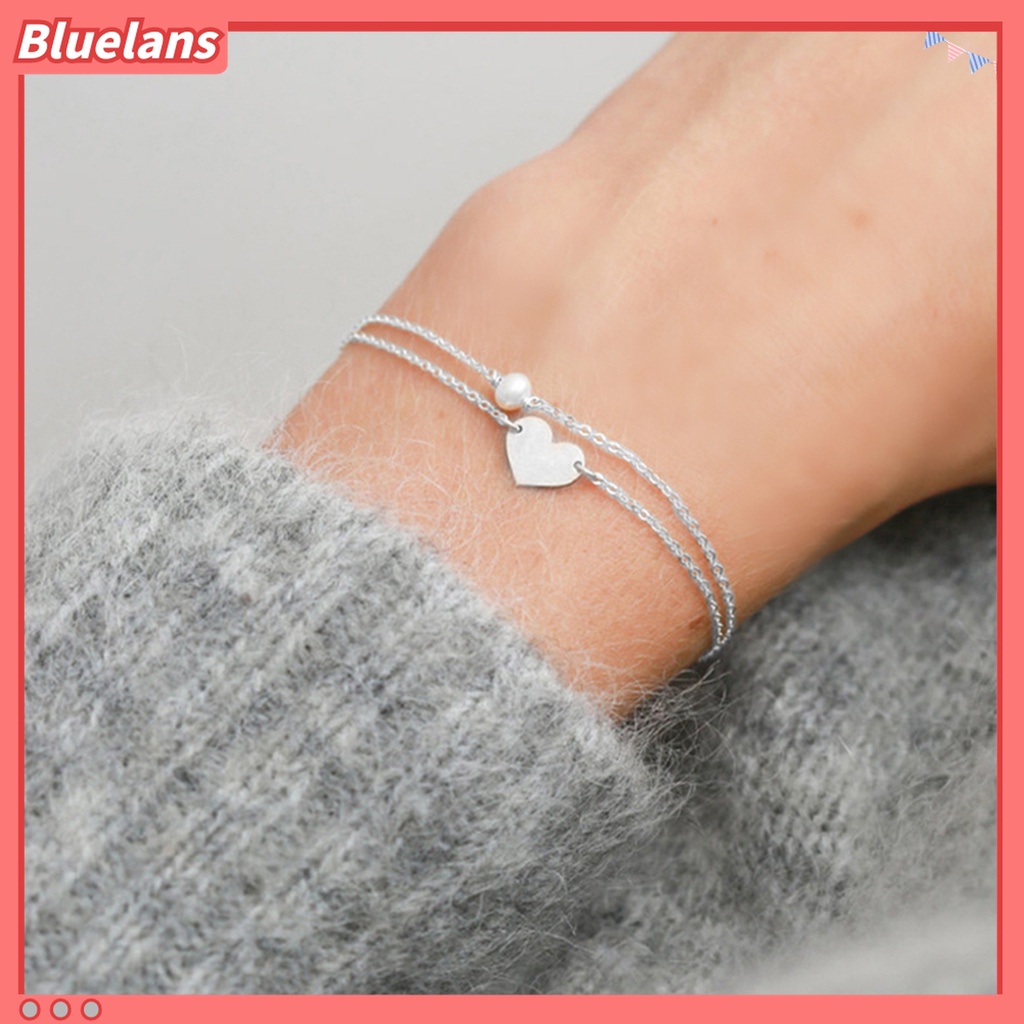 Bluelans Gelang Rantai Ganda Bentuk Hati Aksen Mutiara Tiruan Warna Solid Untuk Wanita