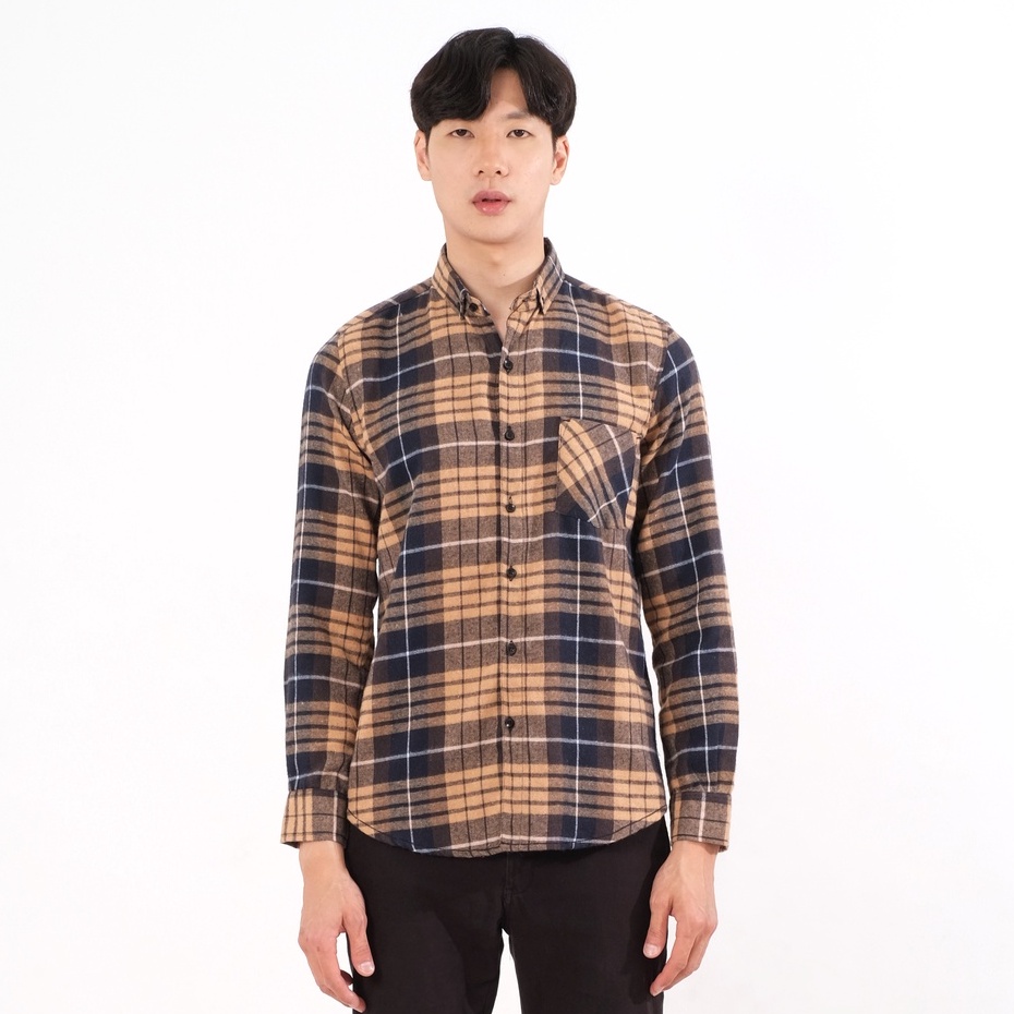 SANVANINA Kemeja Flanel Lengan Panjang Slim Fit Motif Kotak Kotak | Flannel Salford Cream - E-8009