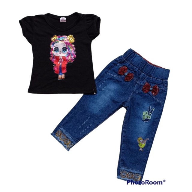 stelan anak perempuan motif kartun lucu lucu Random stelan kaos &amp; jeans anak atasan bawahan anak anak mutah