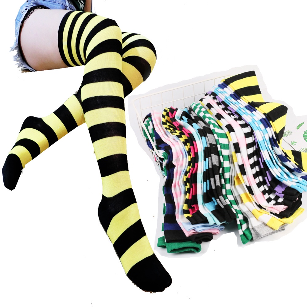 Kaos Kaki Wanita Over Knee Socks Kaos Kaki Sepaha Motif Belang-Belang Kaos Kaki Panjang