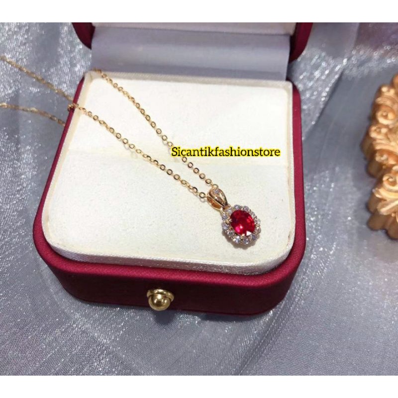 Kalung Titanium Nuri Gold Liontin Permata Kristal Merah Anti Karat selamanya Terlaris Terbaru Kekinian Mewah Kalung Wanita Liontin Pertama Merah