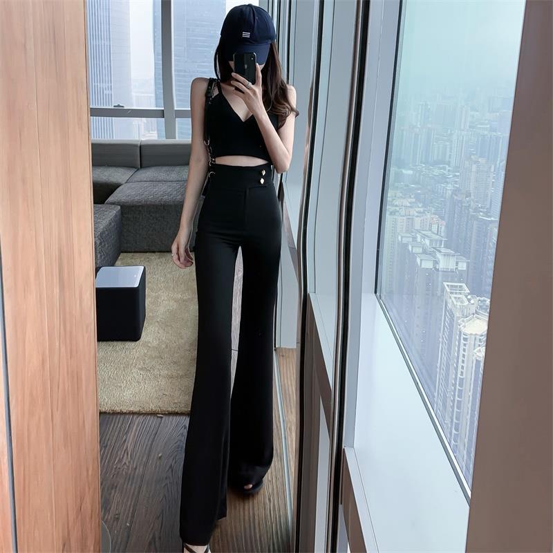 Red Vertikal High Waist Double Button Straight Pants High Waist Slim Casual Pants untuk Wanita Musim Semi Baru Lantai-dragging Celana Lebar