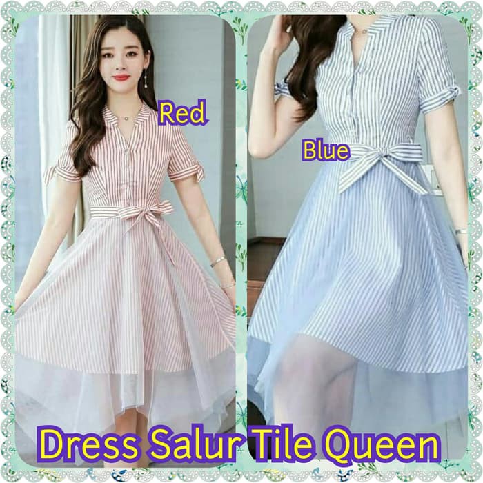 BAJU ATASAN DRES WANITA  Dress Salur Tile Queen - Biru Muda