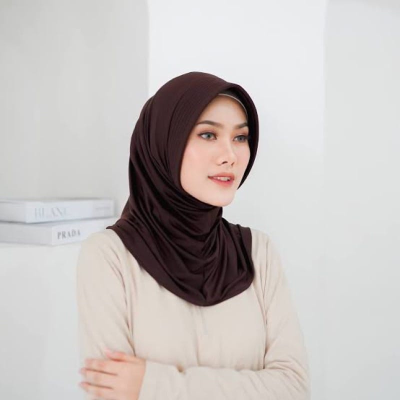 Alny Hijab - Jilbab Sport/Jilbab Lycra Instan Jokowi / Bergo Sport-Volly Coklat Tua