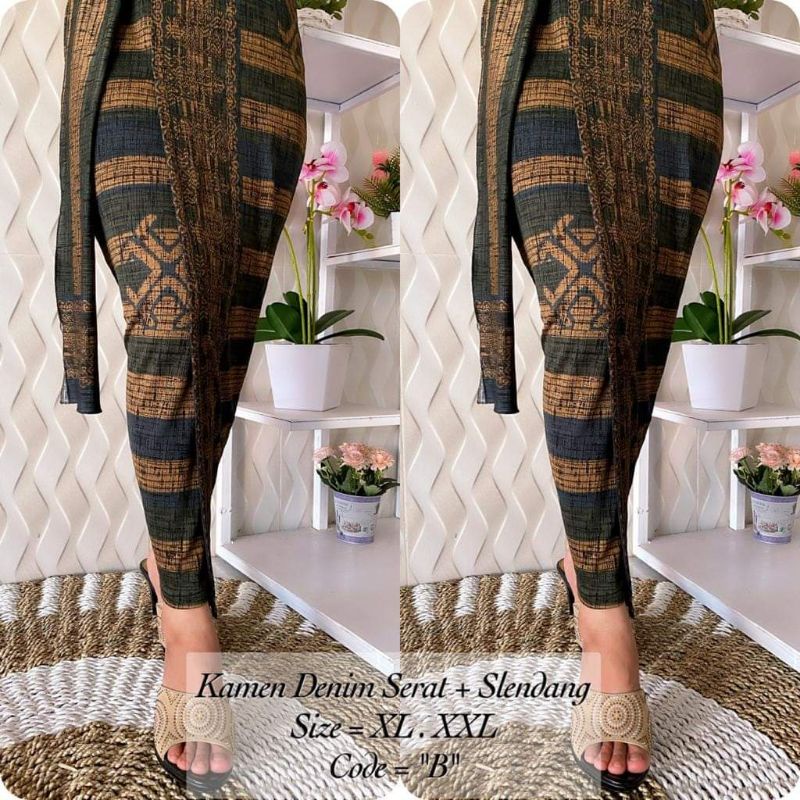 KAMEN JADI DENIM SERAT PREMIUM+ SELENDANG /songket bali / kebaya bali / kebaya murah /songket /endek
