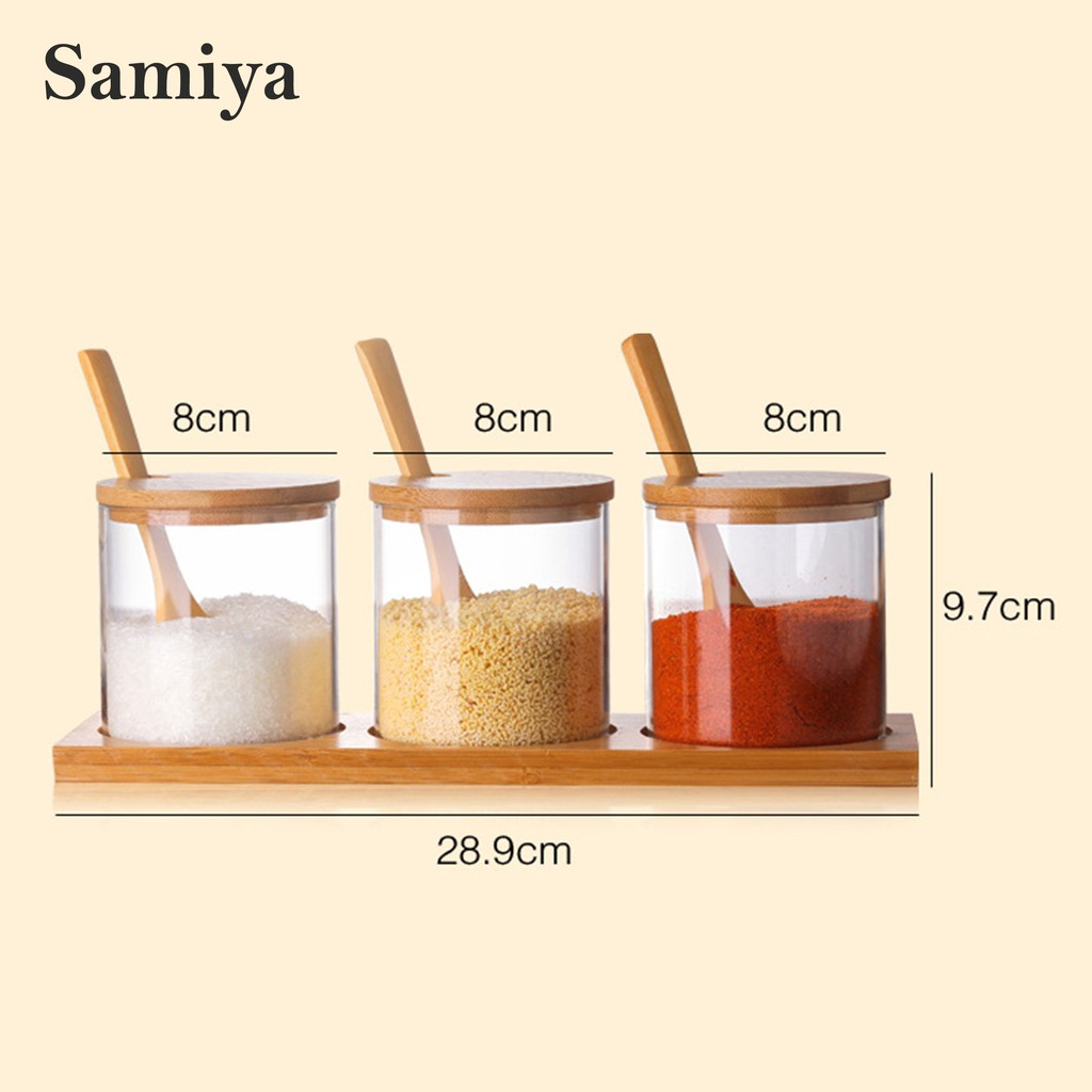 seasoning jar storage bamboo lid 3pcs / tempat bumbu dapur toples kaca tutup bambu set dengan alas