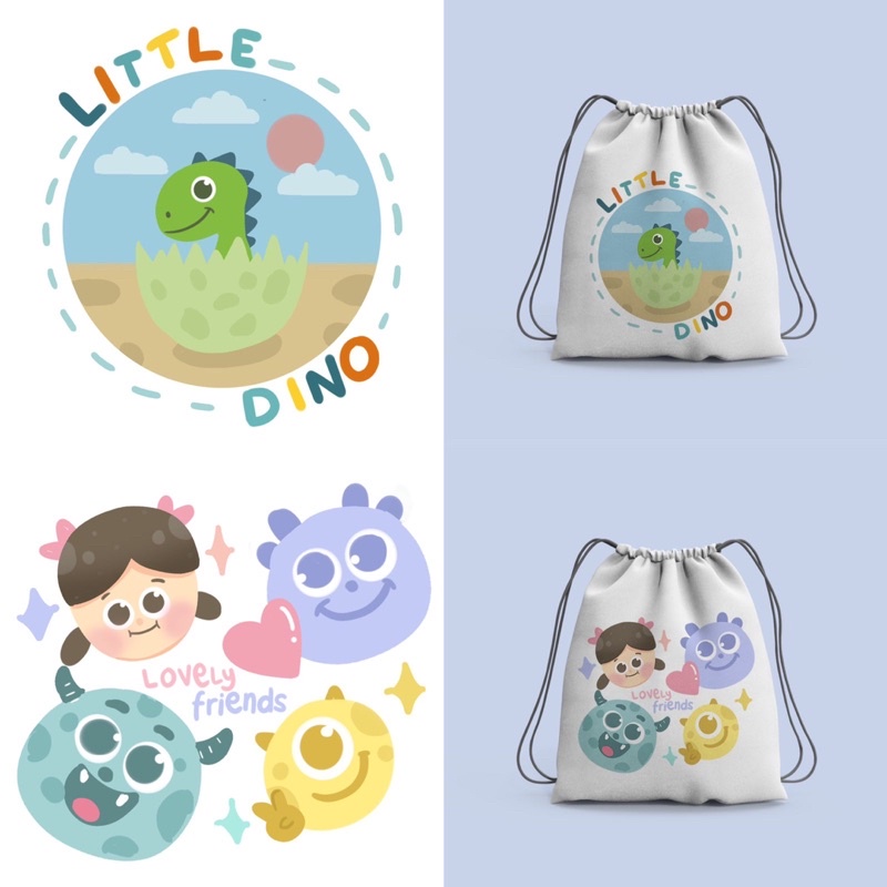 Tas Serut atau String Bag Bergambar Cute Karakter Dino/Monster/Zoo