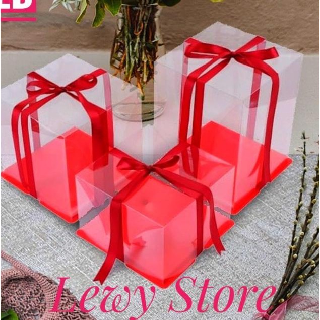 

♜ Cake Box Mika Dus Kue Kotak Kue 30x30 cm Tutup Transparant PET - Merah, 30x18 ☃