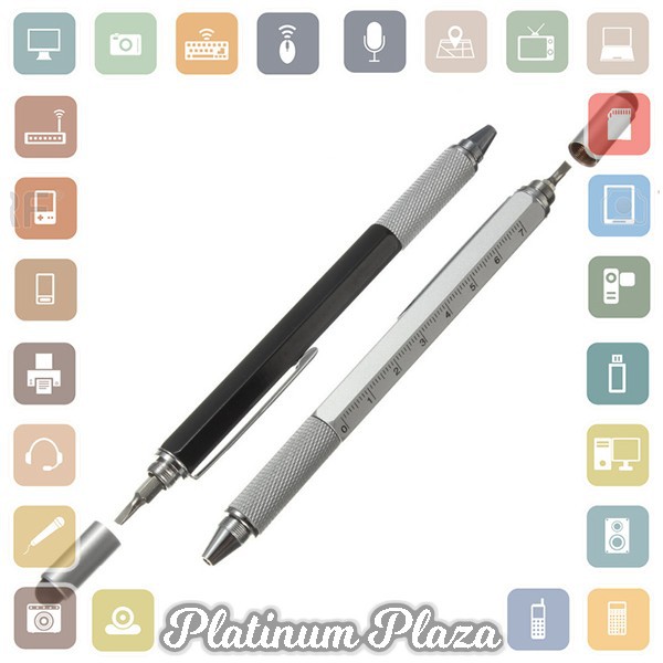 Pena Multifungsi Plastik Stylus + Penggaris + Level + Obeng - Silver`90S0Y6-